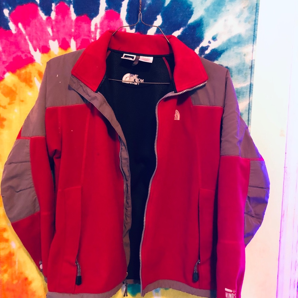 Red the north face zip up fuzzy jacket